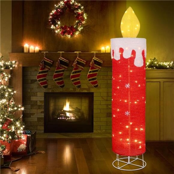 5.2 FT Christmas Lighted Decor Candle, Red Glitter 3D with Flickering Flame - Picture 3 of 8